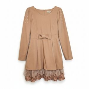 Altar’d State Beige Pearl Sleeve Bow Waist Dress Lace Hem Long Sleeve M